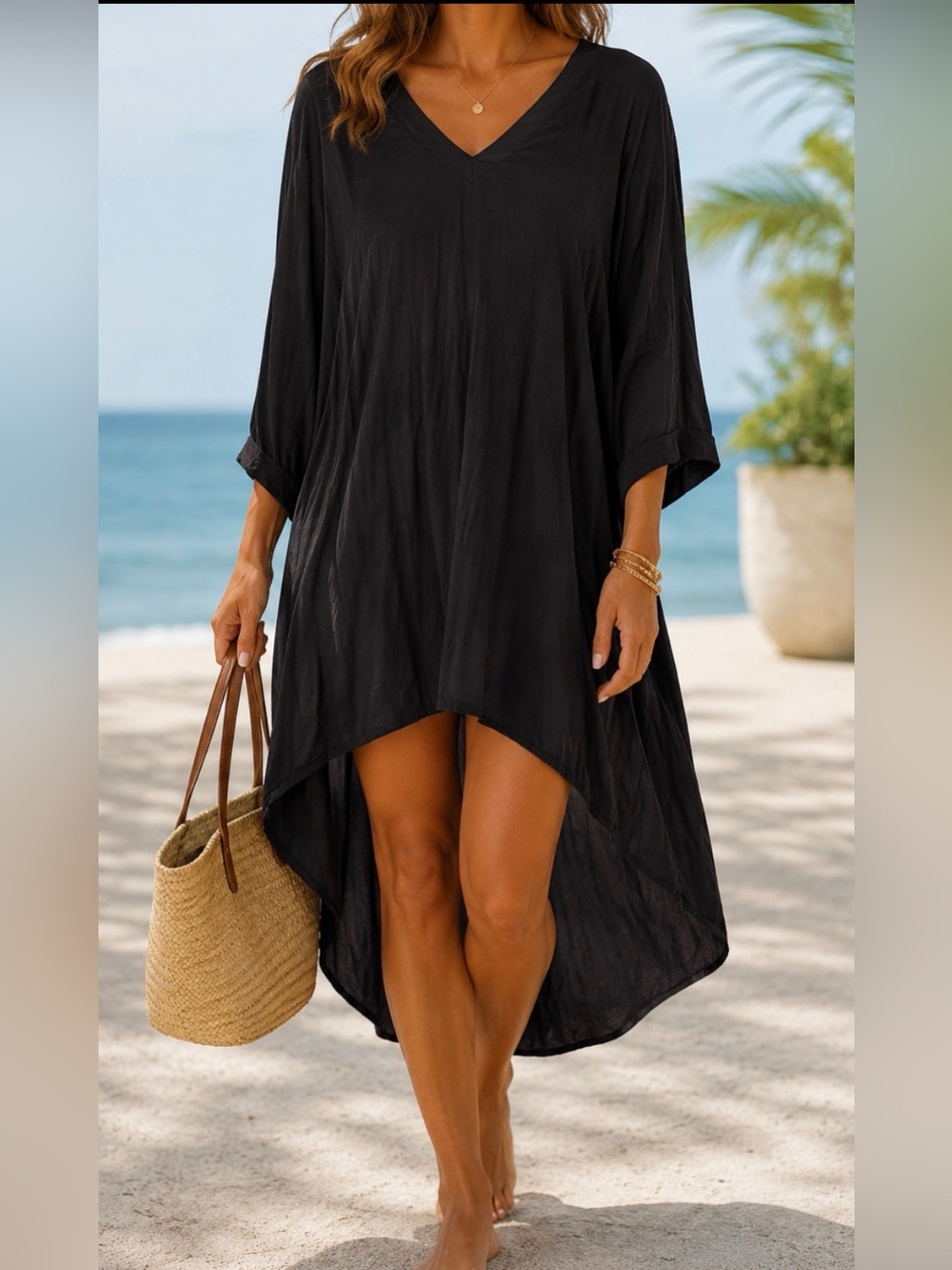 Black V-Neck High-Low Beach Cover-Up Dress